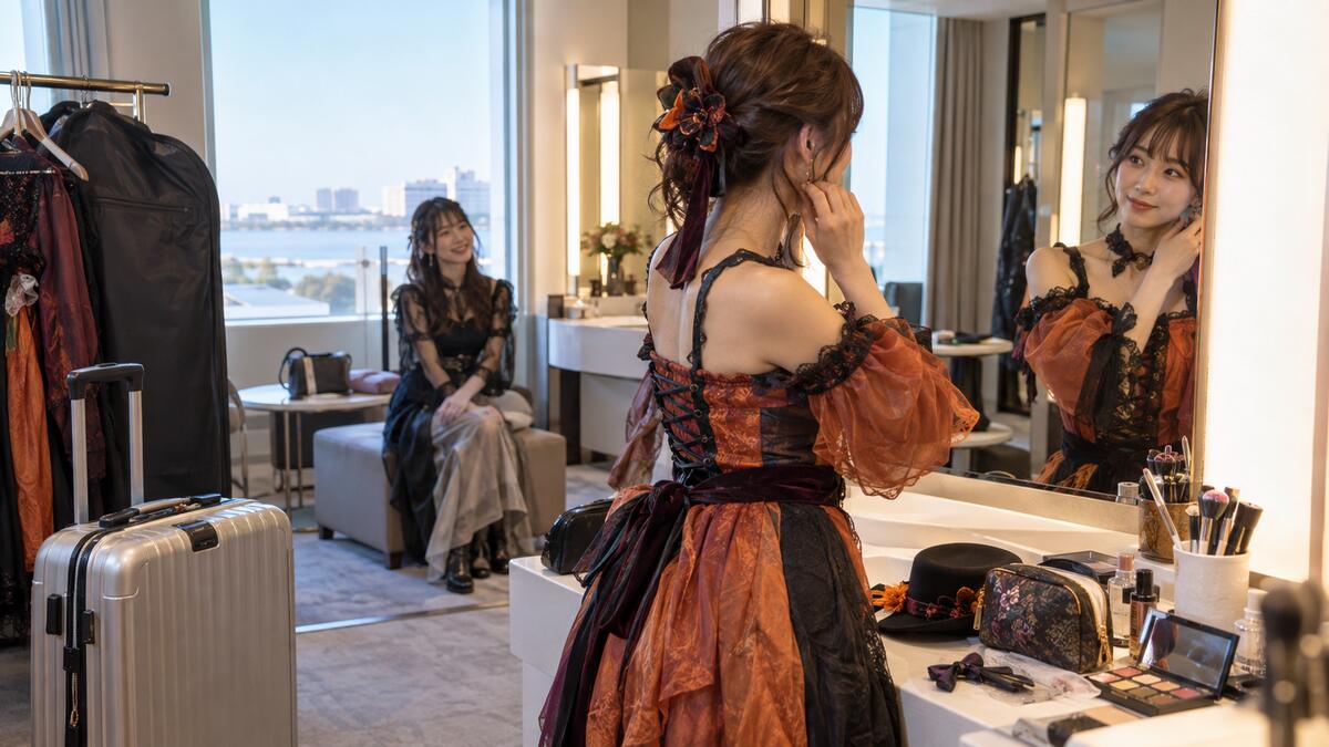 ホテルの客室でハロウィーンの衣装に着替え、鏡の前で身支度をする女性2人。スーツケースと衣装カバー、メイク道具が並ぶ。
