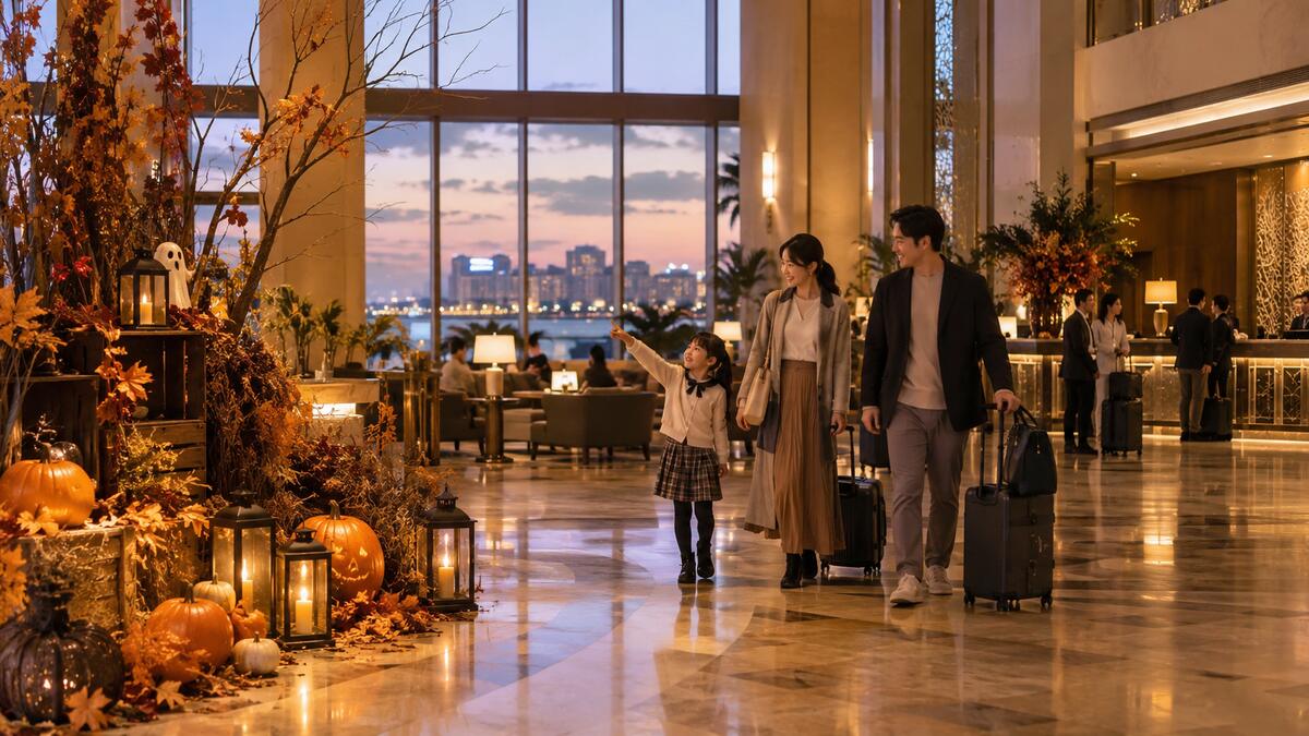 ハロウィーン装飾が施されたホテルのロビー。かぼちゃとランタン、紅葉の飾りの横をスーツケースを引く家族連れが歩く。