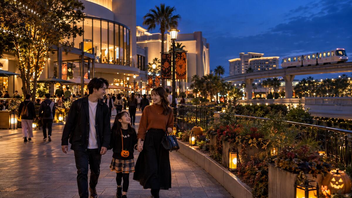 夜のイクスピアリ周辺。ハロウィーンのバナーとかぼちゃのランタンが灯る遊歩道を家族連れが歩き、奥をディズニーリゾートラインが走る。