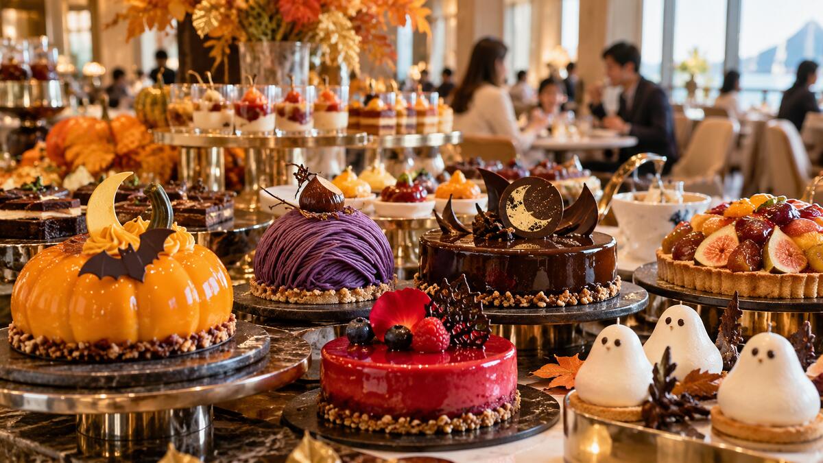 ホテルのスイーツビュッフェ台に並ぶハロウィーン限定ケーキ。かぼちゃ形のムースやモンブラン、おばけの形のスイーツが並ぶ。