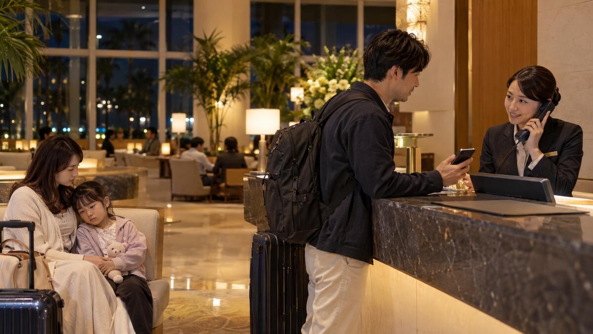A hotel front desk clerk making a phone call at night while a mother comforts her unwell child on a nearby sofa.