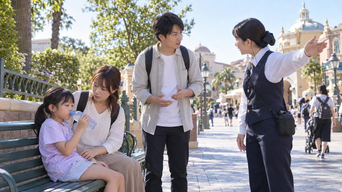 A mother sitting with her child drinking water on a park bench while a cast member directs the father to First Aid.