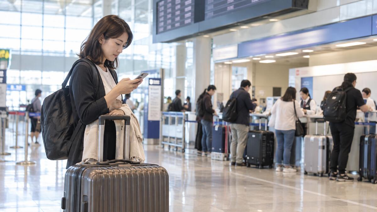 空港の宅配カウンター近くで、スーツケースを手元に置いたままスマートフォンで締切時刻を確認する女性。
