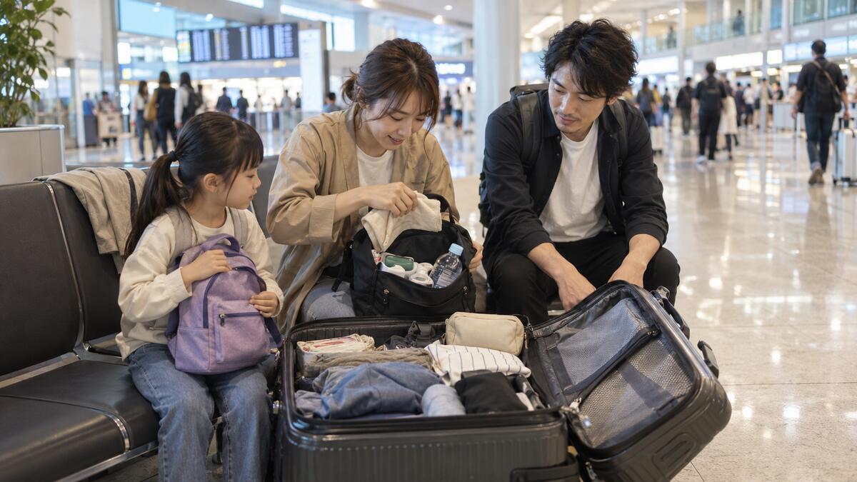空港のベンチで、スーツケースから当日必要なものを取り出してリュックに移し替える家族。