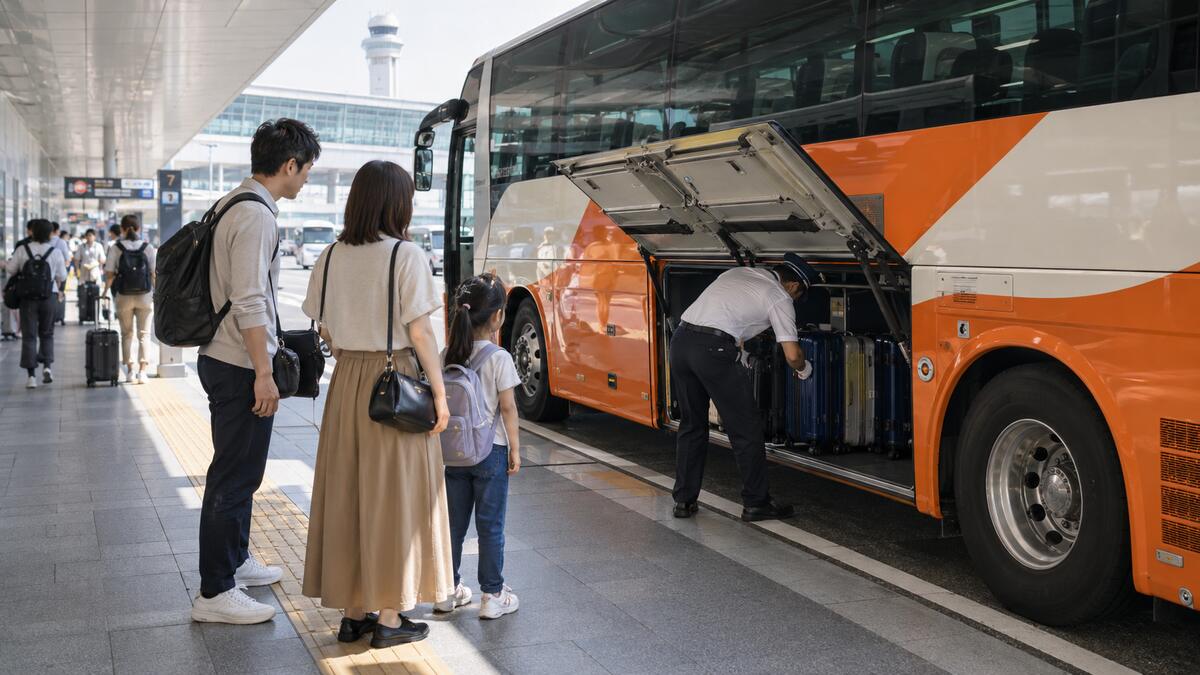 空港のバス乗り場で、リムジンバスのトランクに係員がスーツケースを積み込むのを見守る家族。