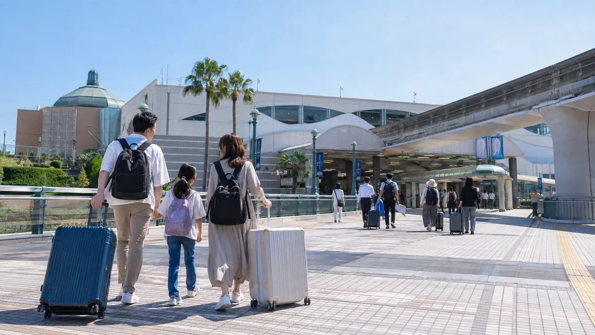 JR舞浜駅前で、大型スーツケースを引いて駅のサービス施設へ向かう家族。