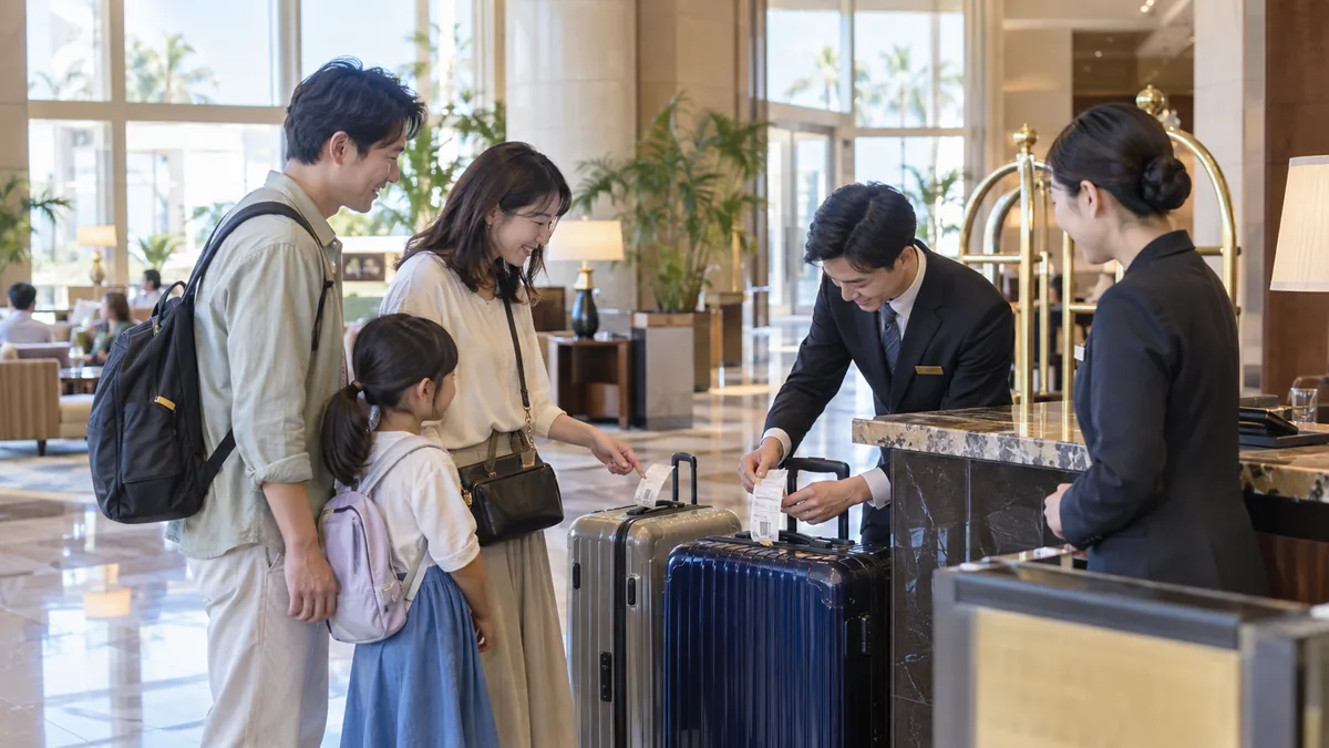 旅行最終日のホテルロビーで、駅への配送用タグをスーツケースに付けてもらう家族。