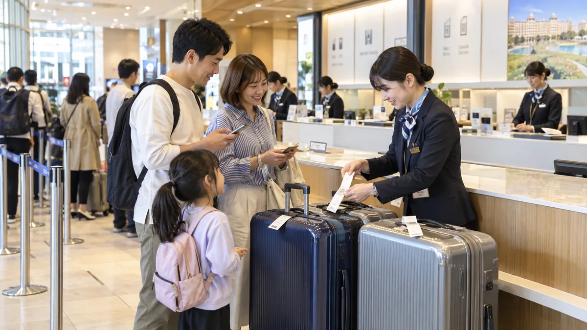 舞浜駅近くのホテルサービスカウンターで、配送タグを付けたスーツケースを預ける家族。