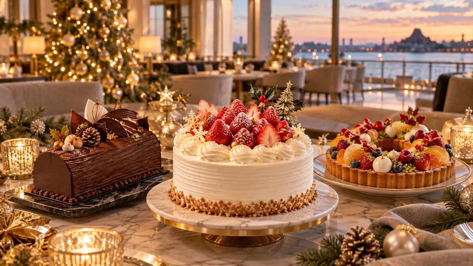 苺のショートケーキやチョコレートケーキなどが並ぶクリスマスのホテルラウンジ