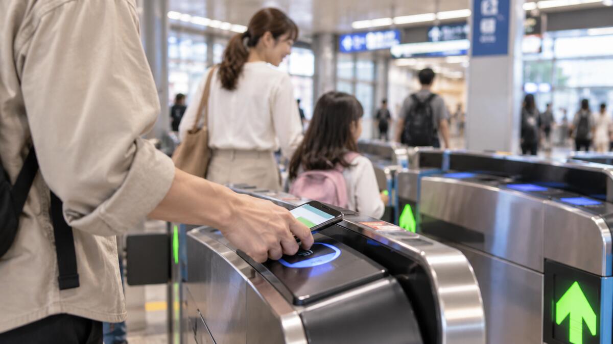 A passenger tapping a smartphone on a station ticket gate to pass through.