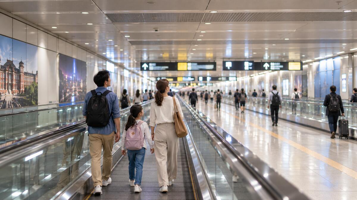 A family walking the moving walkway along Tokyo Station's long connecting passage toward the Keiyo Line platforms.