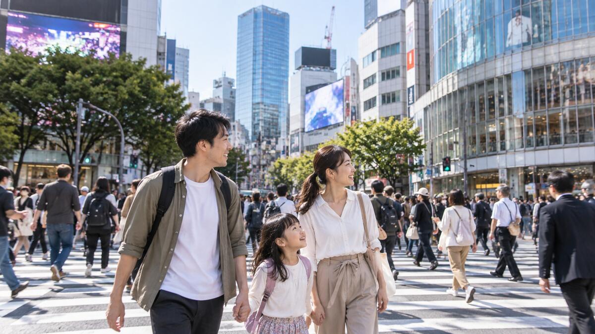 A family crossing Shibuya Scramble Crossing hand in hand, with the big-screen buildings behind them.
