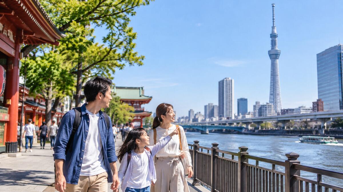 A family looking up at Tokyo Skytree from the Sumida riverside promenade, with the vermilion halls of Senso-ji in the foreground.