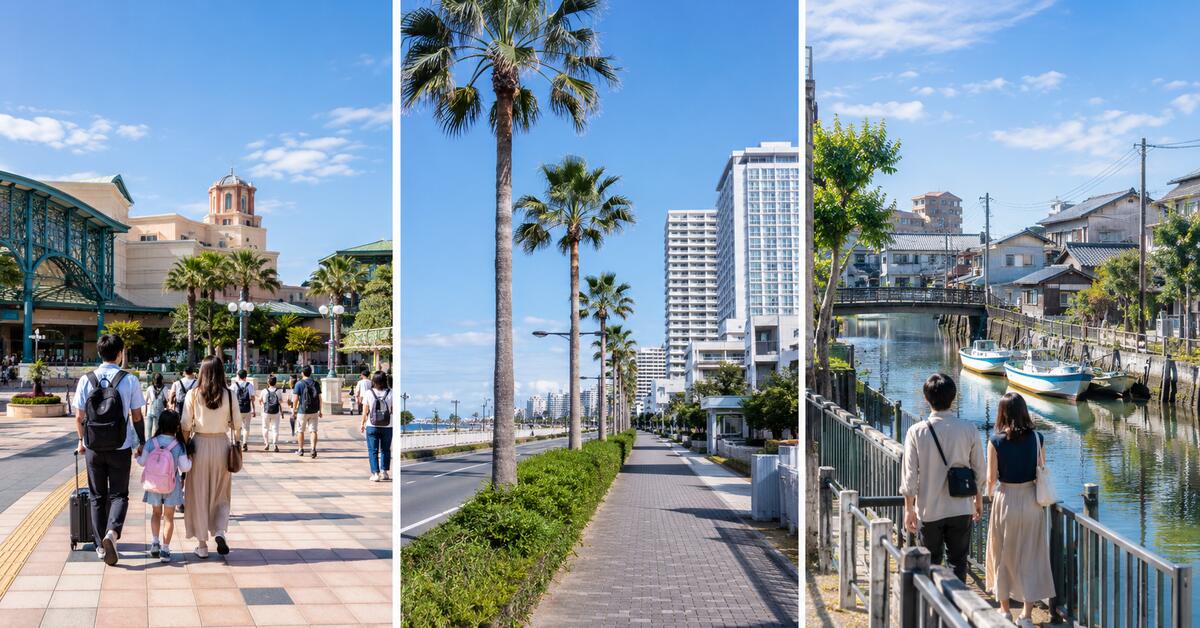A side-by-side comparison of the three areas: the plaza in front of a resort-style station crowded with groups, a palm-lined seaside road, and an old-town canal with moored boats.