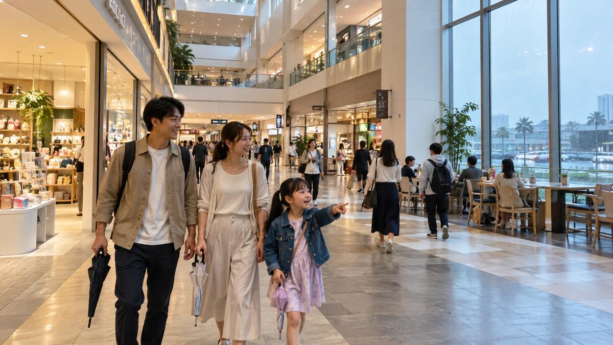 A family carrying umbrellas walks through an indoor shopping mall on a rainy day.