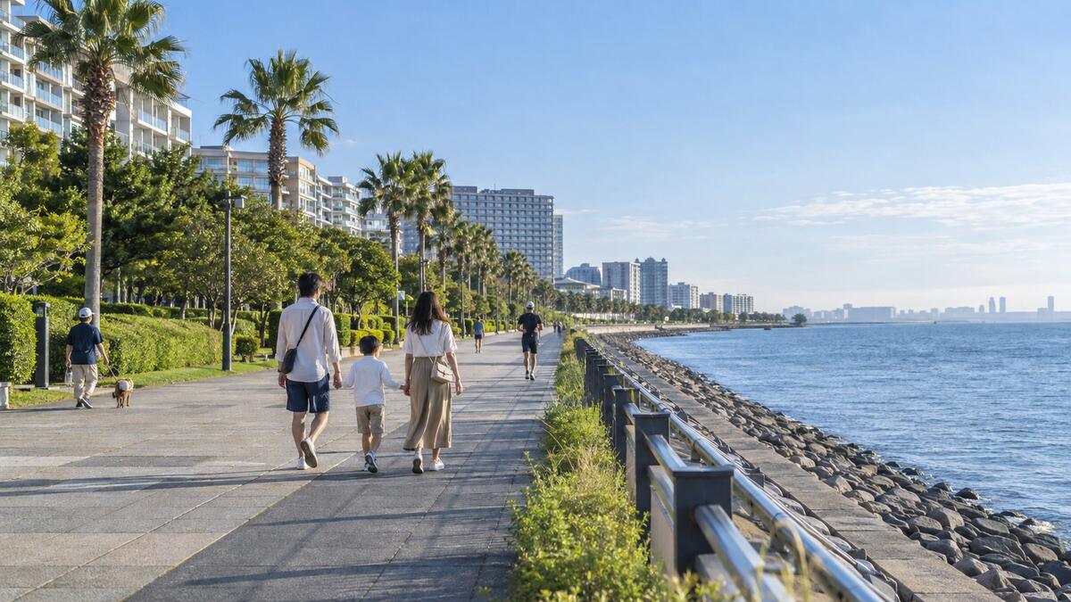 A parent and child walking along a palm-lined seaside path in Shin-Urayasu, high-rise apartment towers behind them.