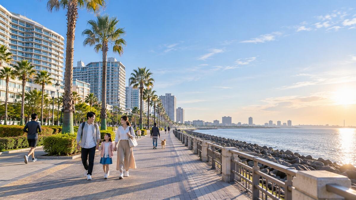 A family strolling the seaside promenade in Shin-Urayasu, palm trees and apartment towers alongside.